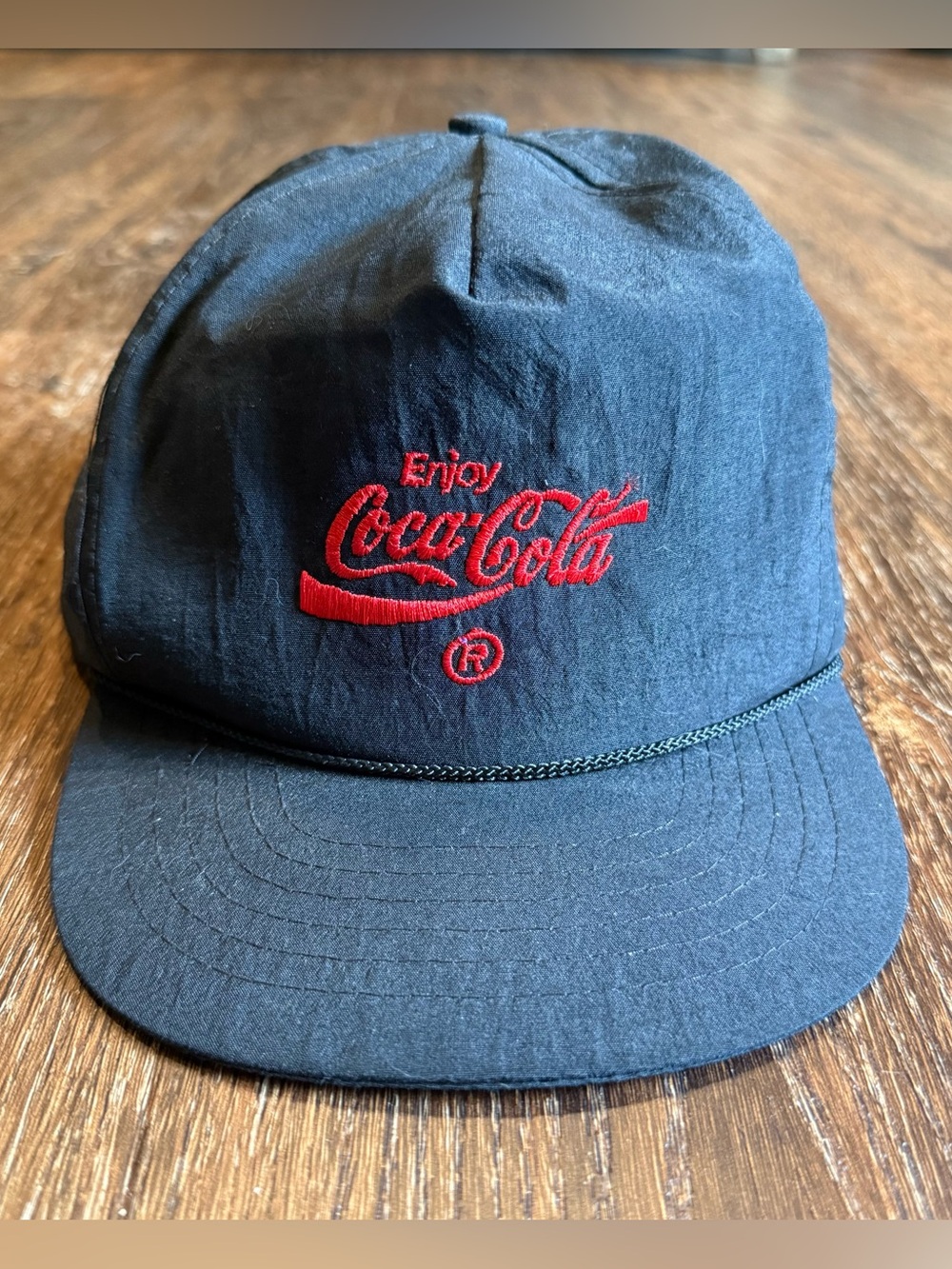 Vintage 80s-90s Coca Cola Soda Promo Black-Red Nylon Trucker Rope SnapBack Hat